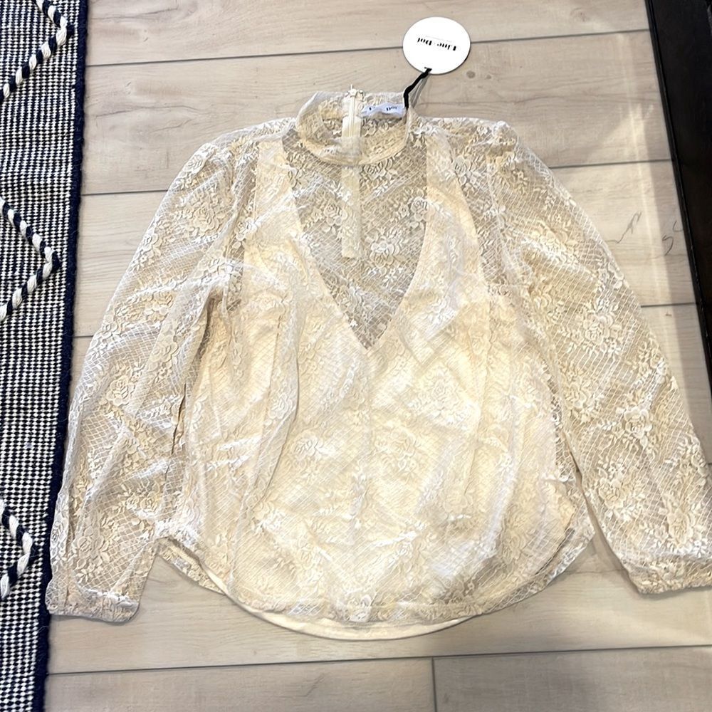 Line & Dot Top Small Anthro Lace Blouse Fall Cream Ivory Long Sleeve Boho NWT - Picture 2 of 3